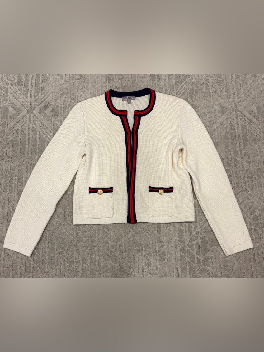 J. Crew Emilie Sweater Lady Jacket Ivory Red Navy Contrast Trim Cardigan Small